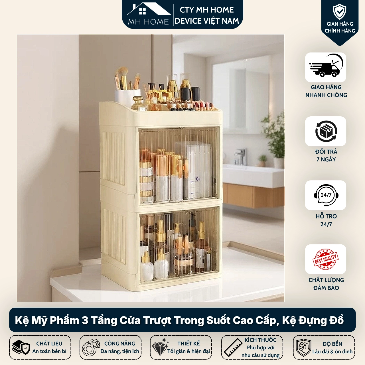 Tủ Đựng Mỹ Phẩm Gấp Gọn 3 tầng Có Cửa Trong Suốt - Kệ Đựng Đồ Trang Điểm, Skincare, Nước Hoa Chống Bụi