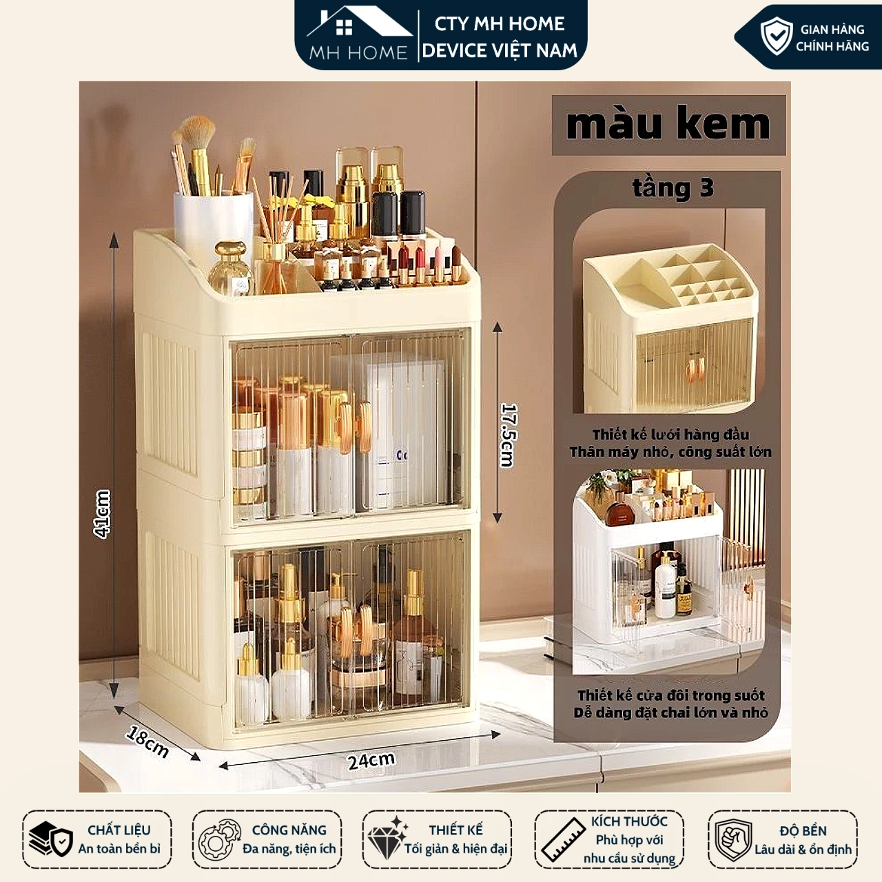 Tủ Đựng Mỹ Phẩm Gấp Gọn 3 tầng Có Cửa Trong Suốt - Kệ Đựng Đồ Trang Điểm, Skincare, Nước Hoa Chống Bụi